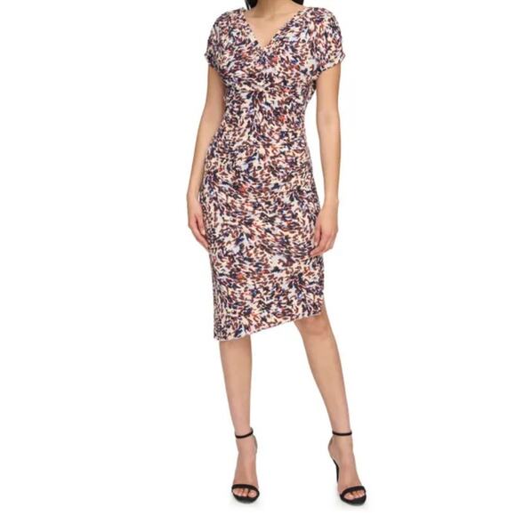 Vince Camuto dress cap sleeve asymmetric hem bodycon printed size 2 - Picture 1 of 6